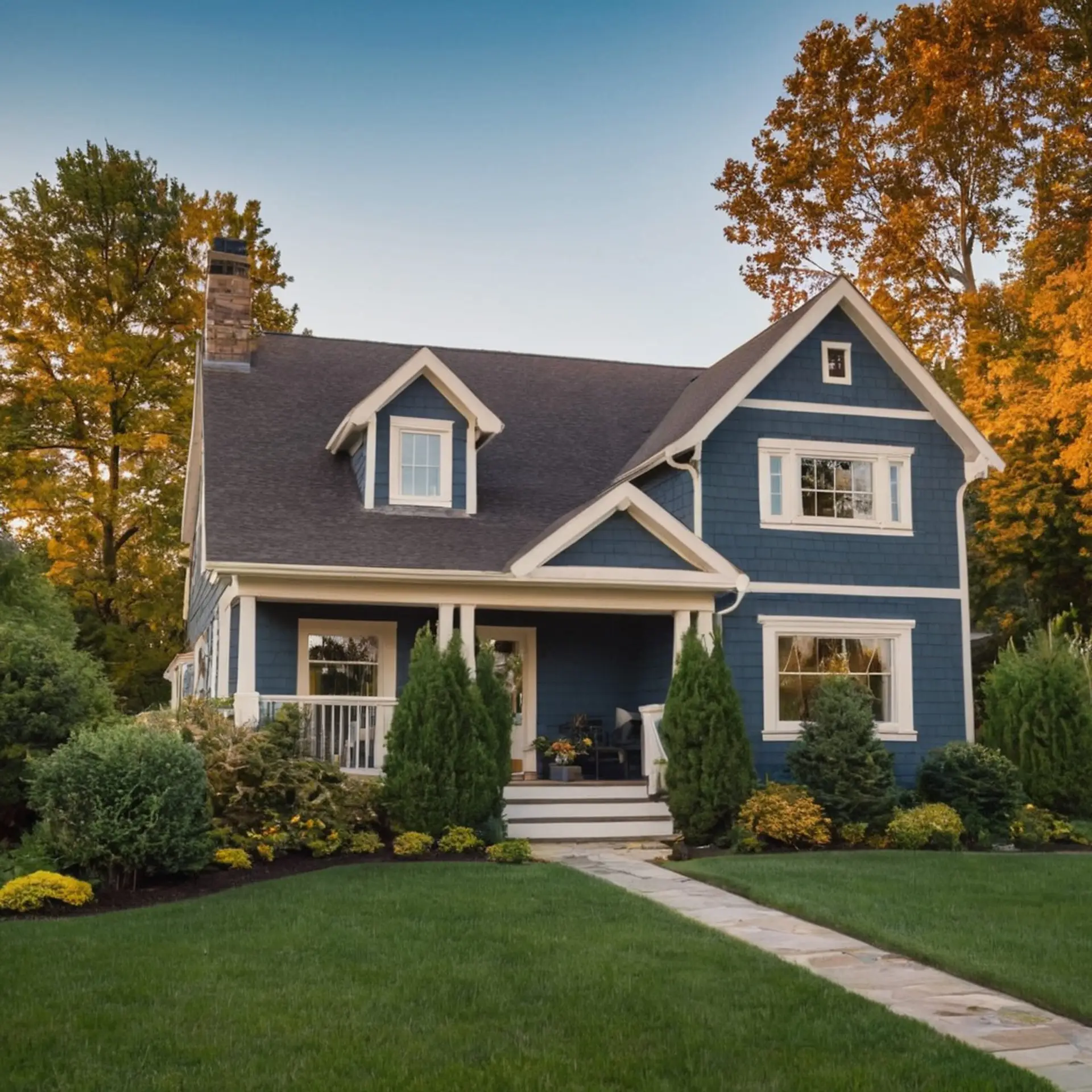 A charming blue two-story house with white trim, a front porch, and a well-manicured lawn surrounded by green shrubs and tall trees under a clear blue sky—perfect for your next Houston home inspection.