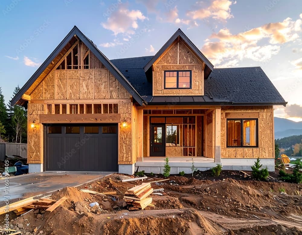 A modern house under construction with exposed wooden framing, large windows, and a sleek dark garage door. Piles of wood and dirt fill the front yard, with stunning mountains visible in the distance at sunset.