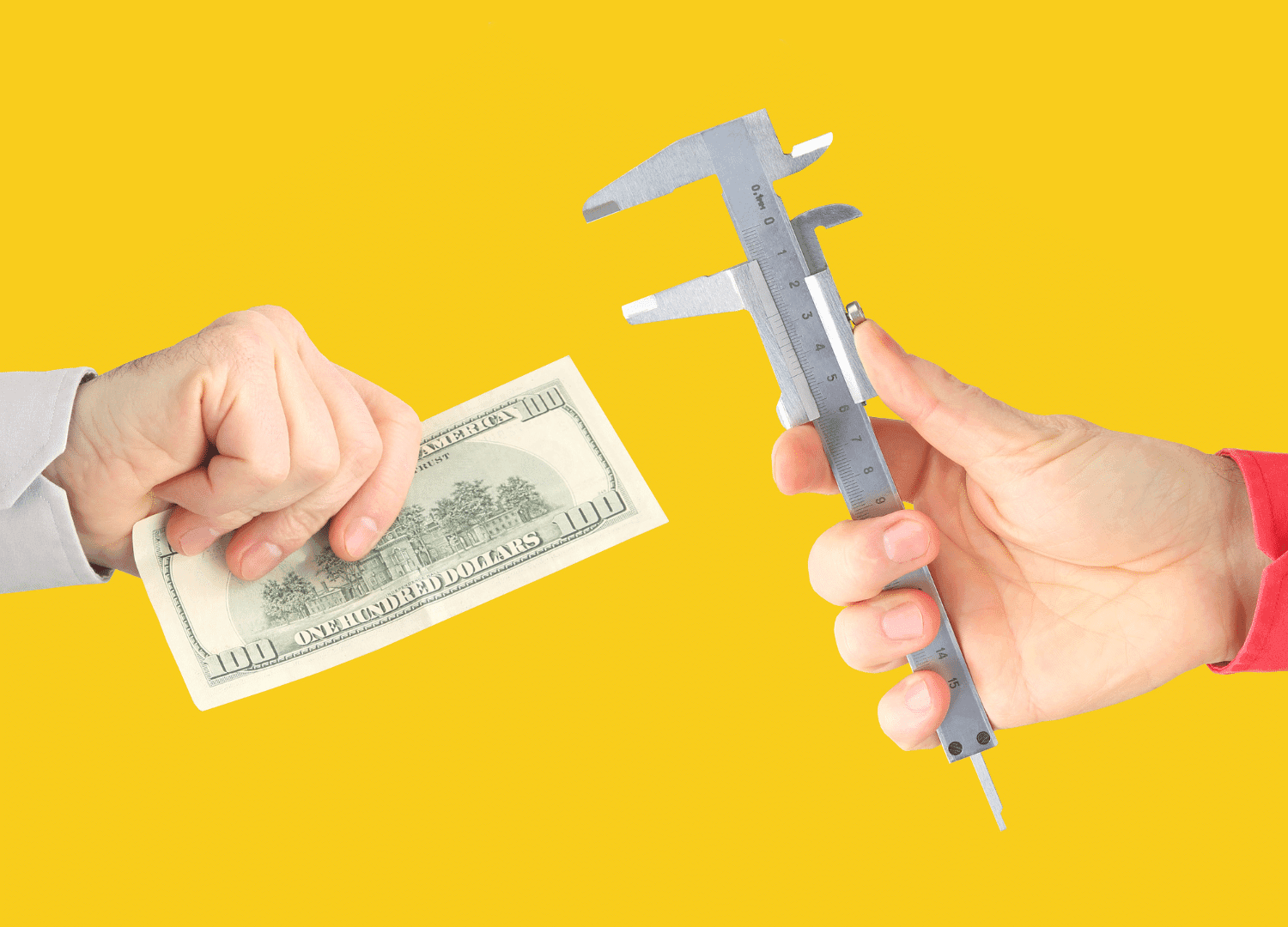 A hand holding a stack of U.S. hundred-dollar bills is met by another hand using a caliper to measure the money, set against a bright yellow scene.