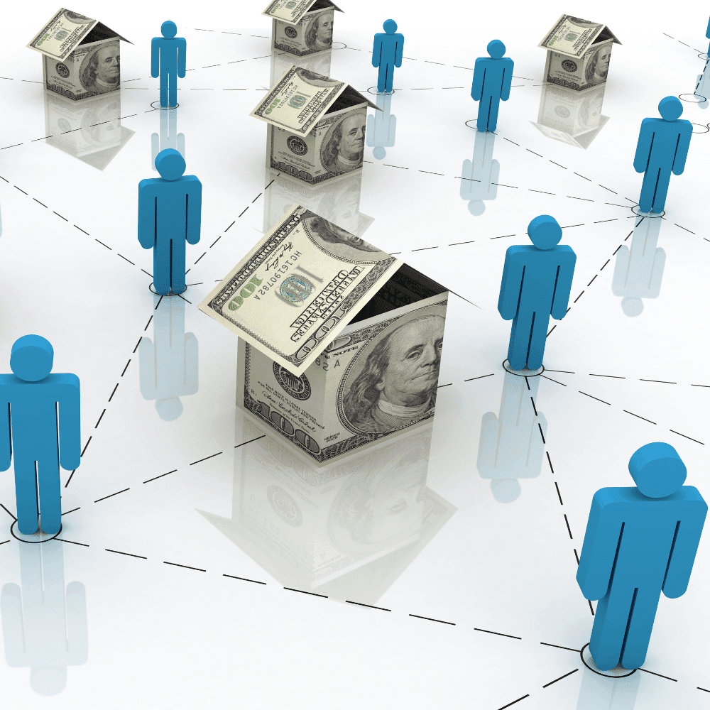 Blue human figures are connected by dotted lines, each near a house made of U.S. dollar bills, representing a network tied to real estate investment and raising the question: Will Housing Market Crash?.