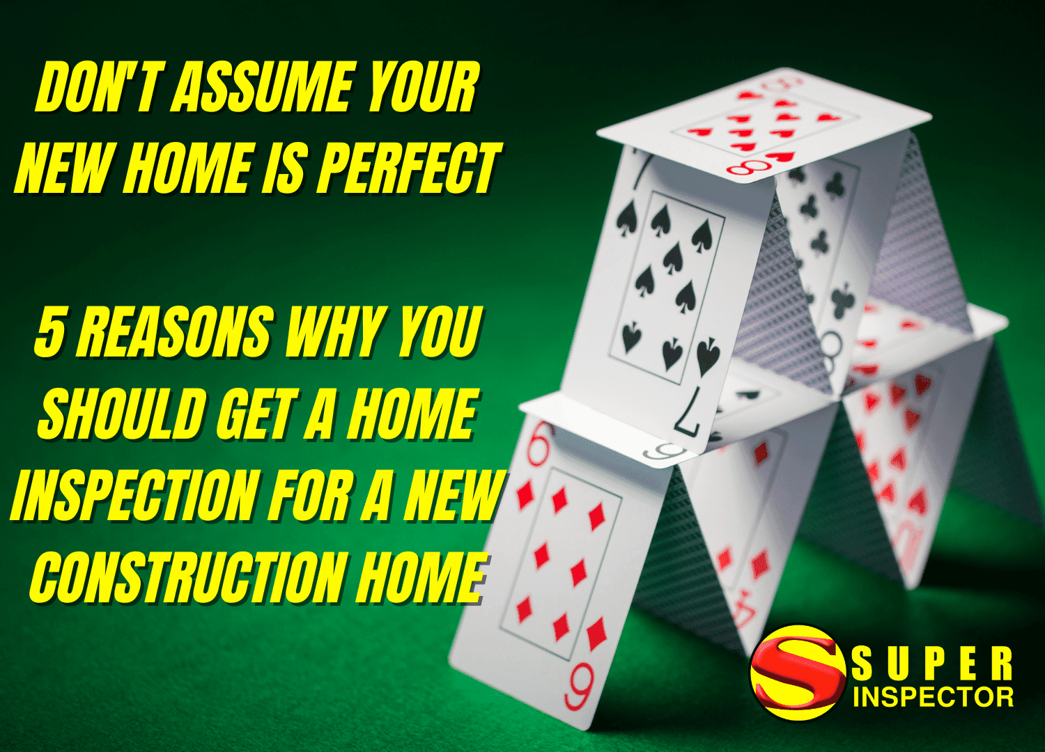 A house of playing cards on a green surface with yellow text: Don’t assume your new home is perfect. 5 reasons why a professional home inspection matters for new construction. Super Inspector logo at the bottom right.