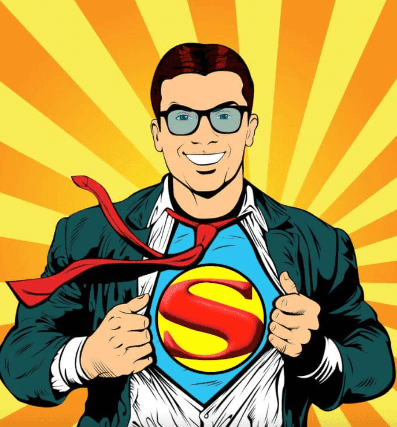 A cartoon man in glasses and a suit rips open his shirt, revealing a superhero costume with a bold red and yellow S on his chest as bright yellow rays burst behind him.