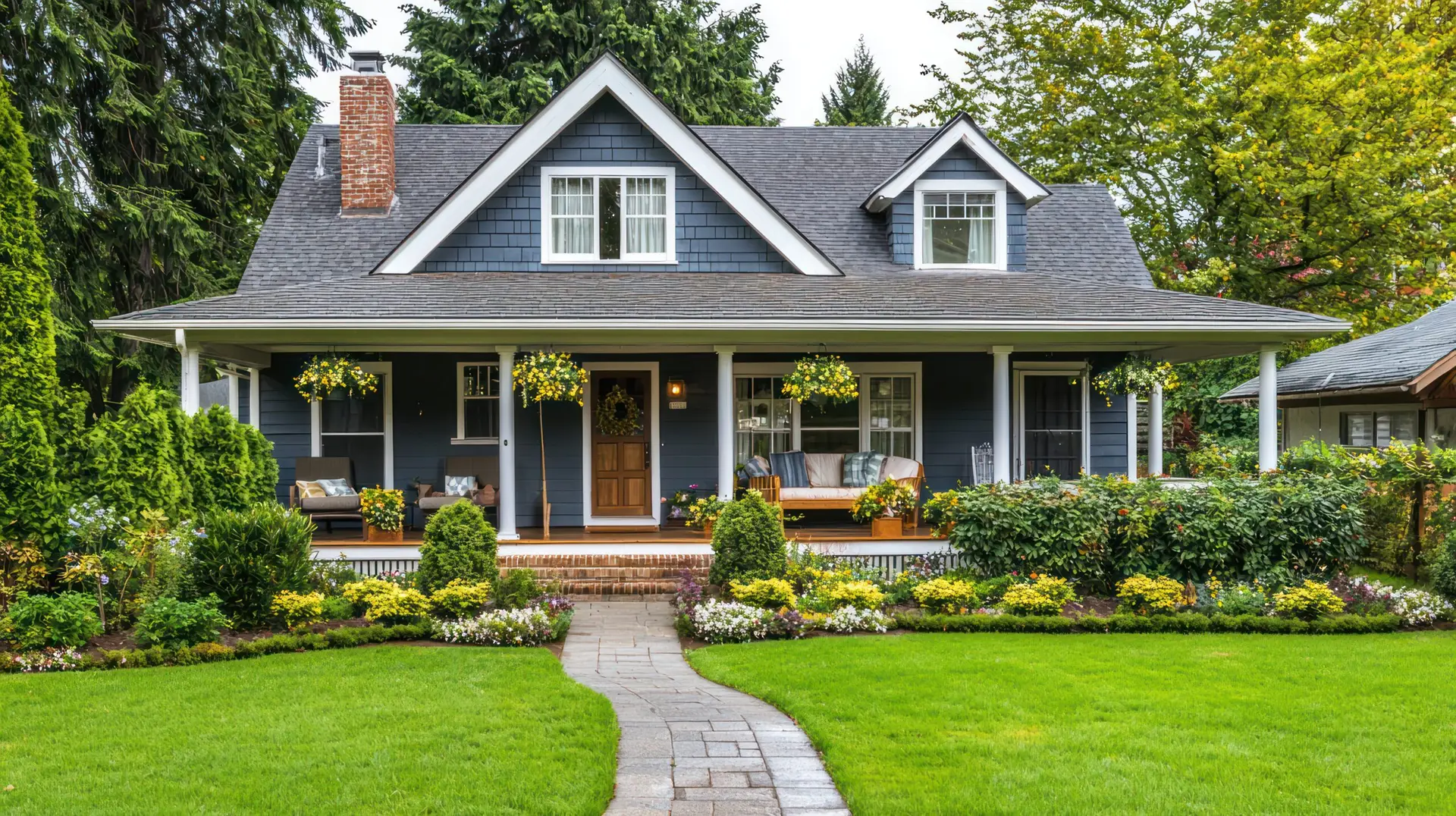 A charming blue house with a large front porch, flower boxes, hanging plants, white trim, and a manicured lawn bordered by colorful shrubs and flowers—perfect for your next Houston home inspection—nestled among tall trees.