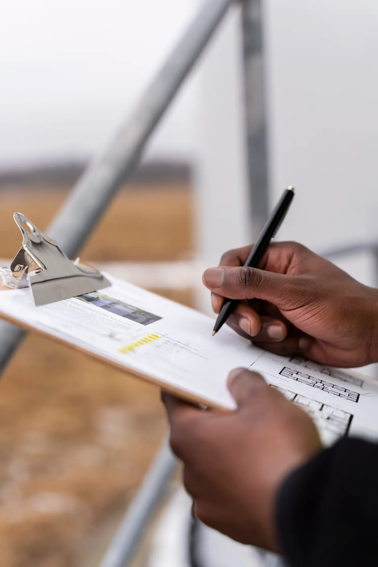 A person holding a clipboard and pen, checking items on a form outdoors—capturing the attention to detail of Home Inspections in Frisco.