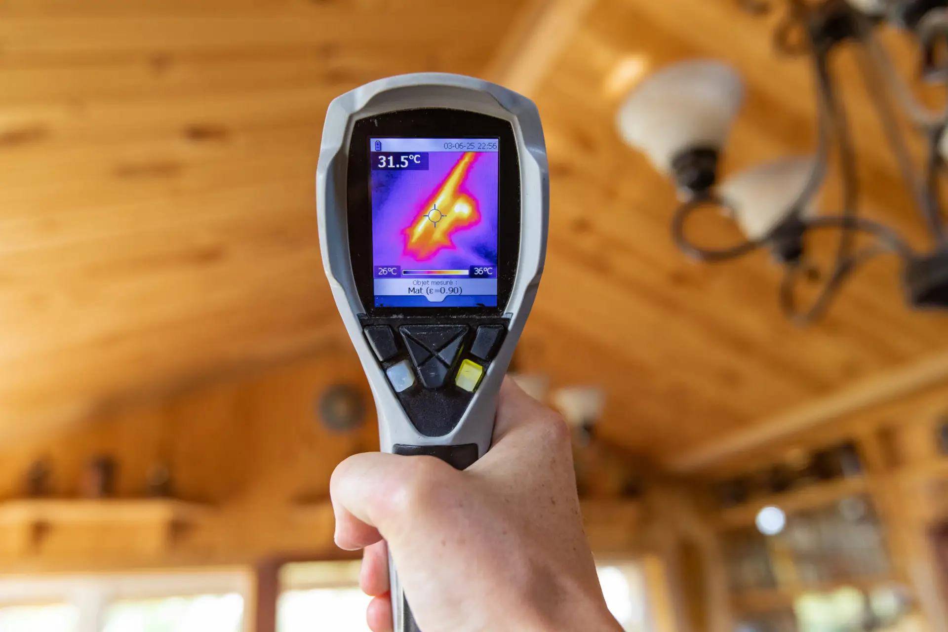 A Dallas home inspector holds a thermal imaging camera displaying a heat signature on its screen, detecting temperature variations inside a wooden interior.