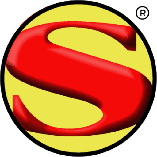 A bold red letter S is positioned diagonally inside a yellow circle with a black border, evoking a classic superhero emblem; a registered trademark symbol appears in the upper right corner of the circle.
