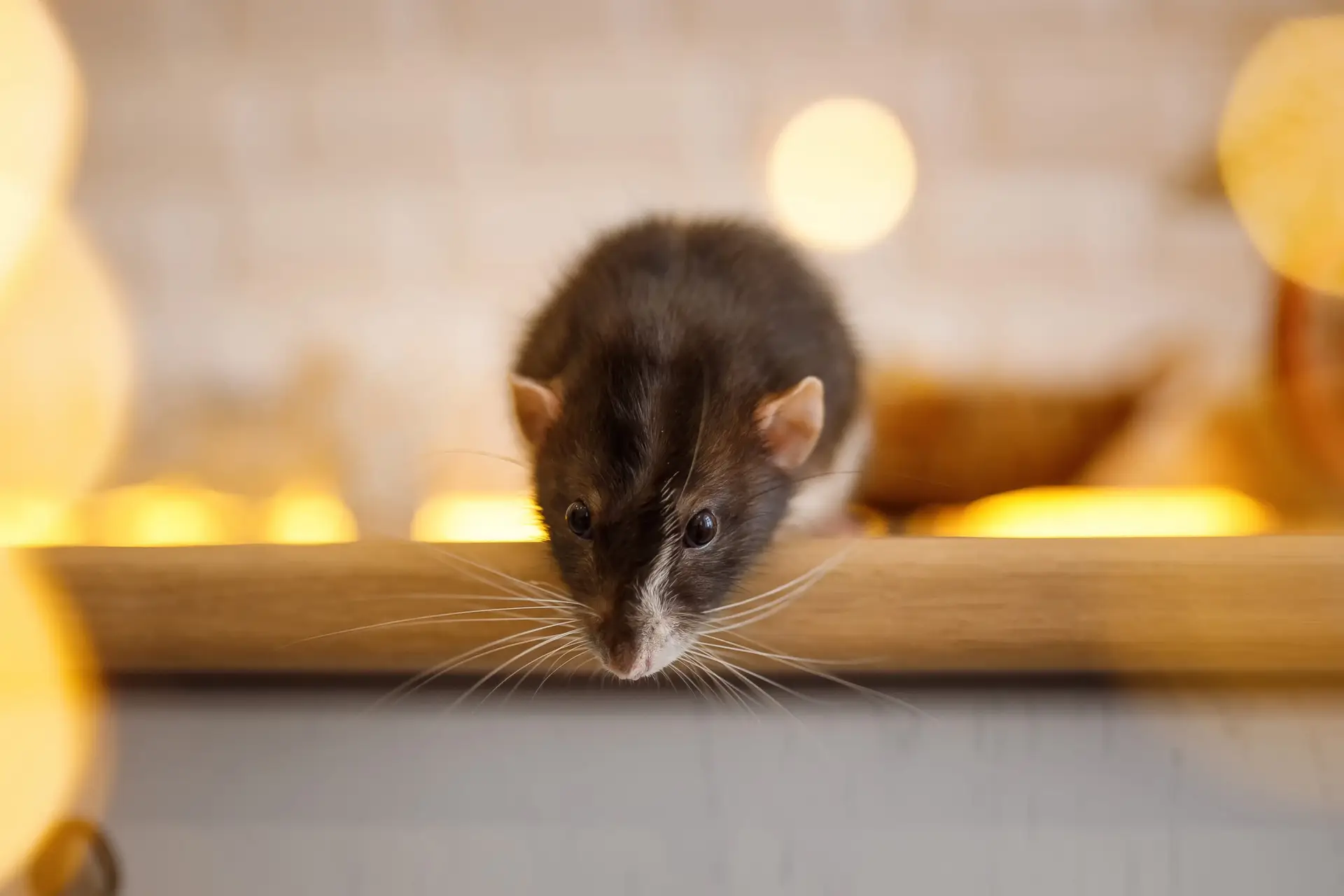 A black and white rat with long whiskers leans over the edge of a wooden surface, highlighted by warm yellow bokeh lights—an image often used to illustrate the need for pest exclusion in effective pest control strategies.