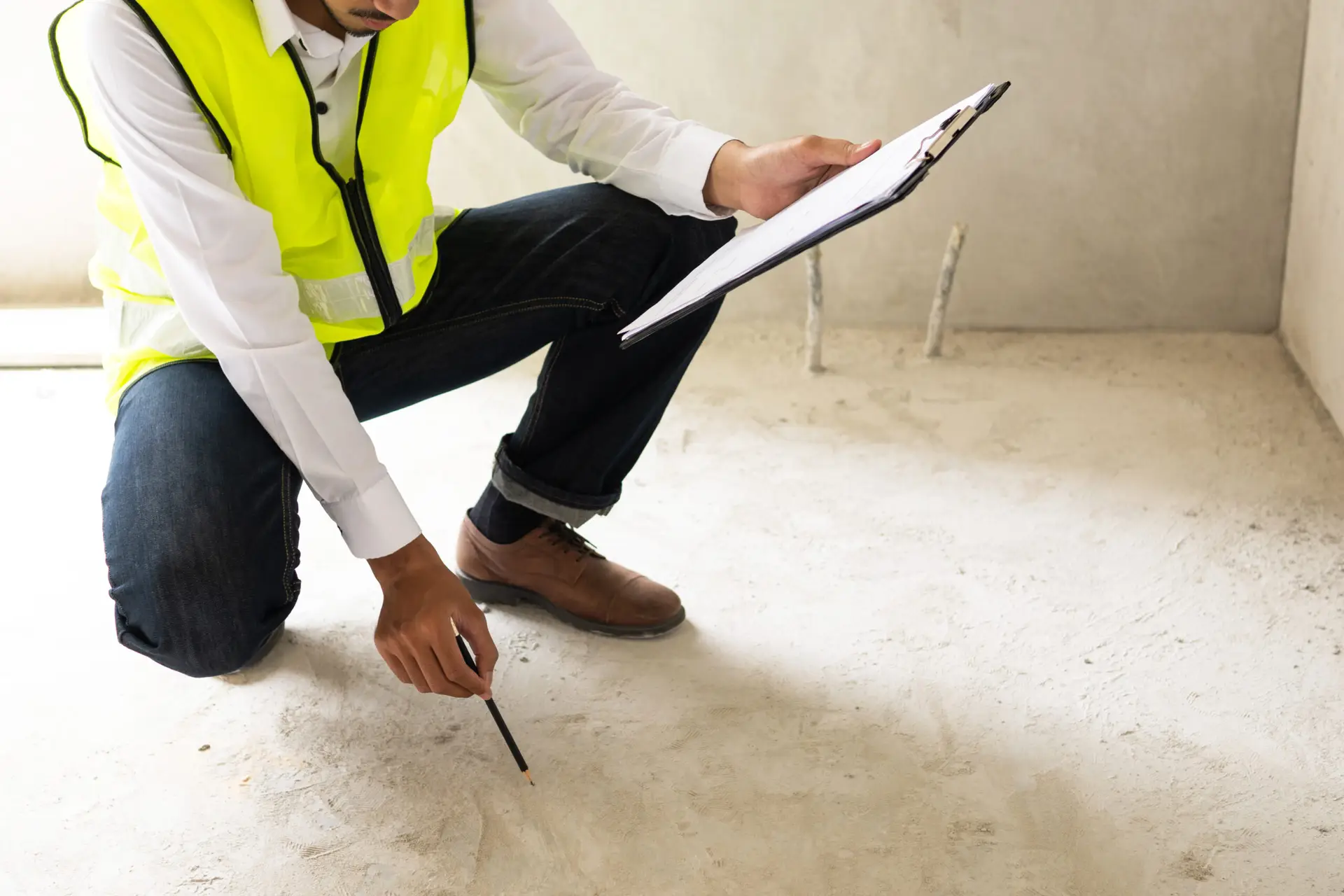 A Houston home inspector wearing a yellow safety vest and holding a clipboard kneels on a concrete floor, pointing at the ground with a pen, possibly inspecting or assessing the area.