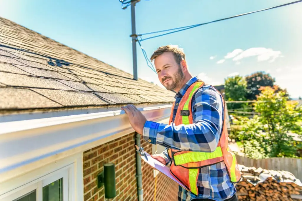 A man wearing a safety vest and holding a clipboard inspects the rain gutter of a brick house under a sunny sky, showcasing practical skills gained through home inspection training near me.