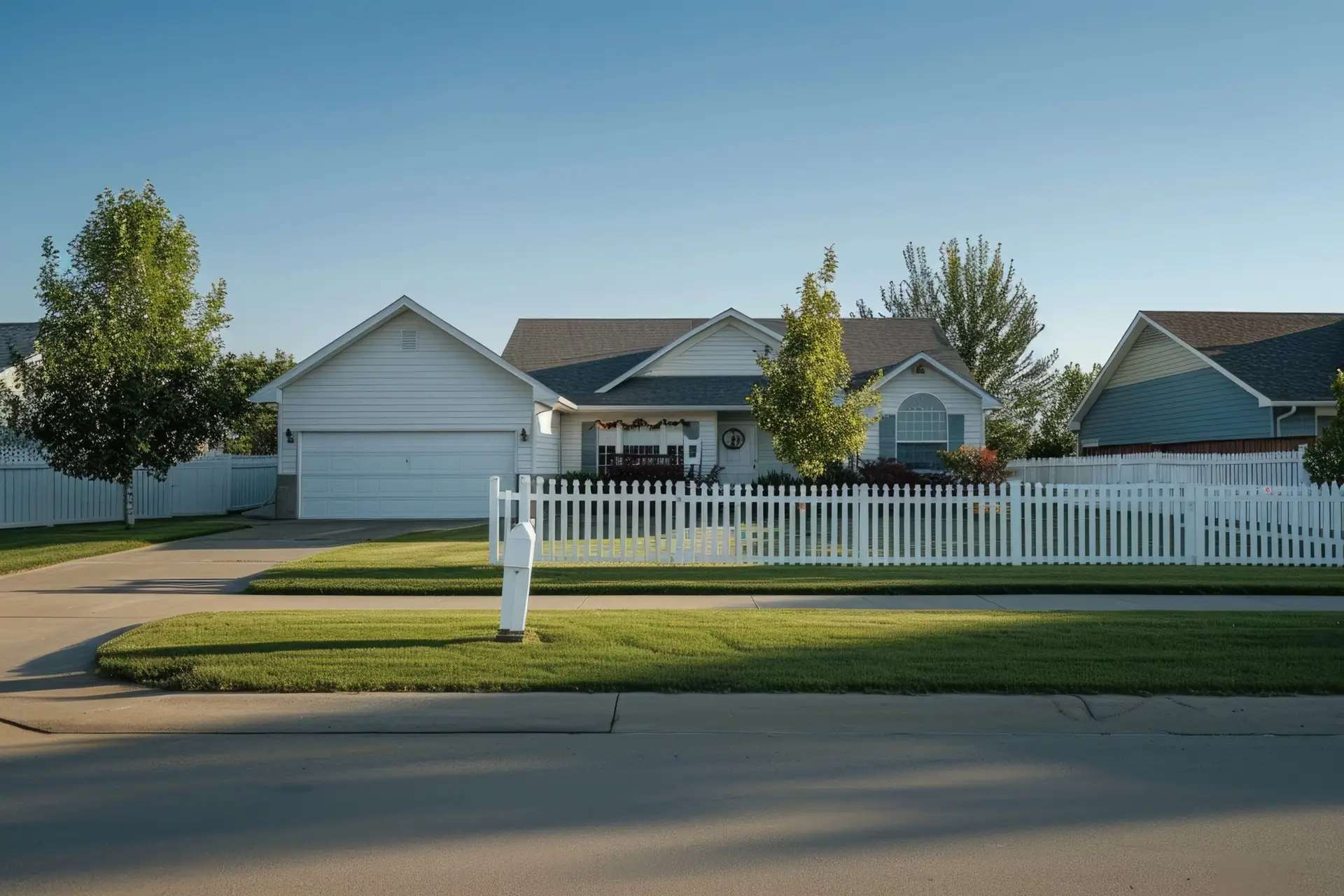 A single-story suburban house with a white picket fence, green lawn, and attached garage sits under the sunny Texas sky. Surrounded by trees, this charming Texas Real Estate property features a mailbox near the curb.