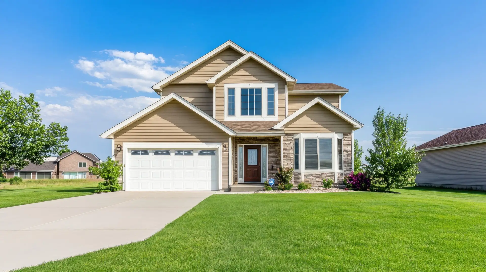 A two-story beige suburban house with a white garage door, stone accents, and a well-manicured green lawn under a clear blue sky. Perfect for a Houston home inspection, the front yard features shrubs and small trees.
