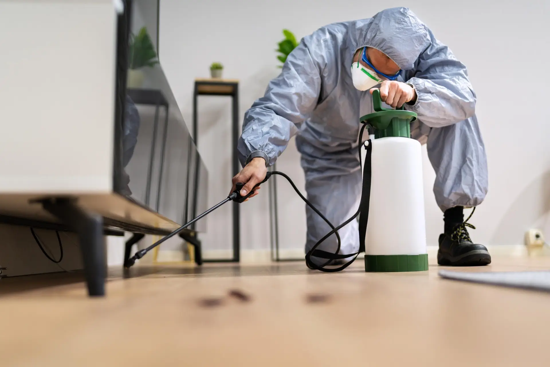 A person in protective gear, including a mask and coveralls, sprays pesticide along the floor near a wall in a modern living room—likely performing pest control as part of a dallas home inspection.
