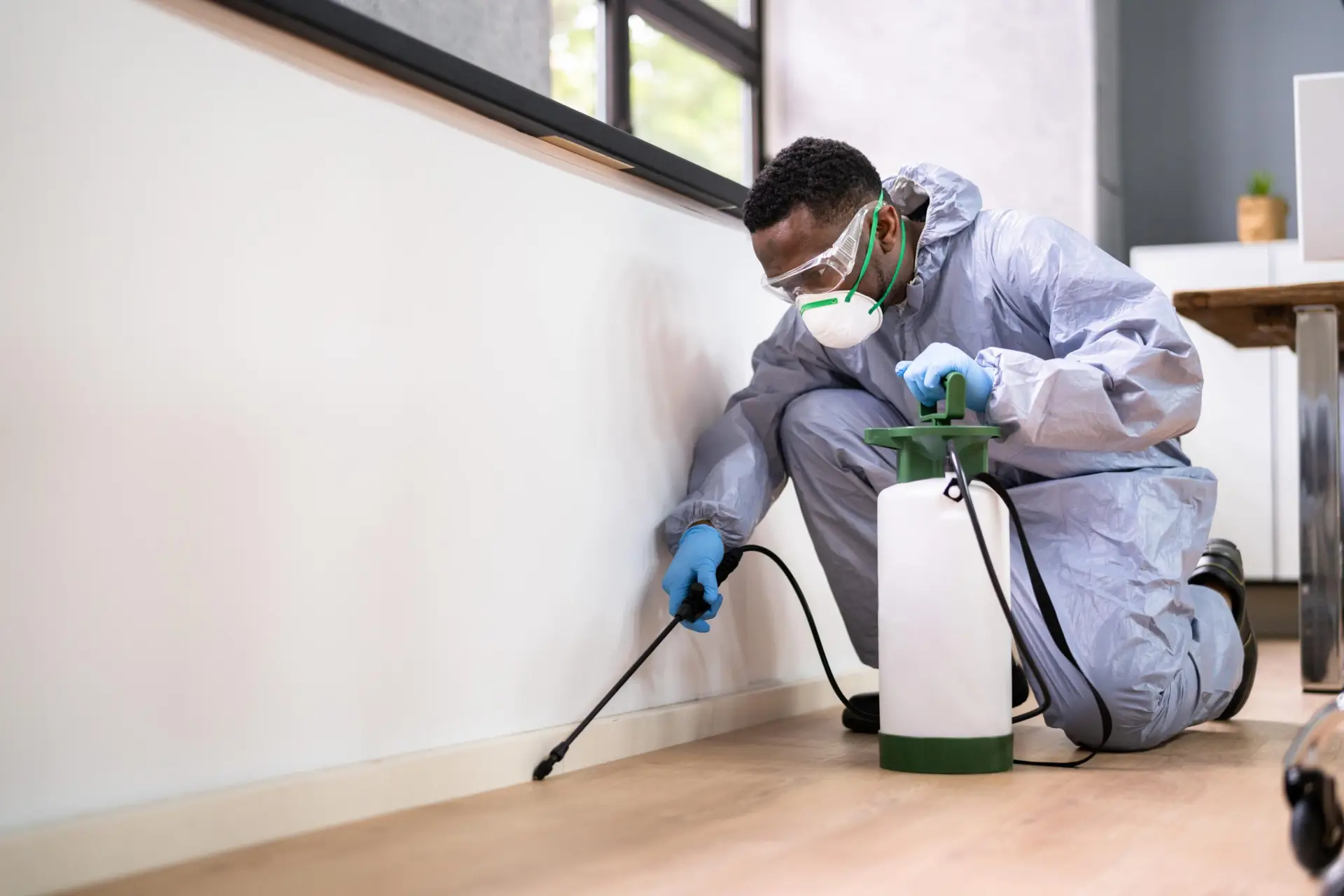 A person in protective gear, gloves, mask, and goggles crouches down, spraying pest control chemicals along the base of a white wall inside a room for effective insect removal.