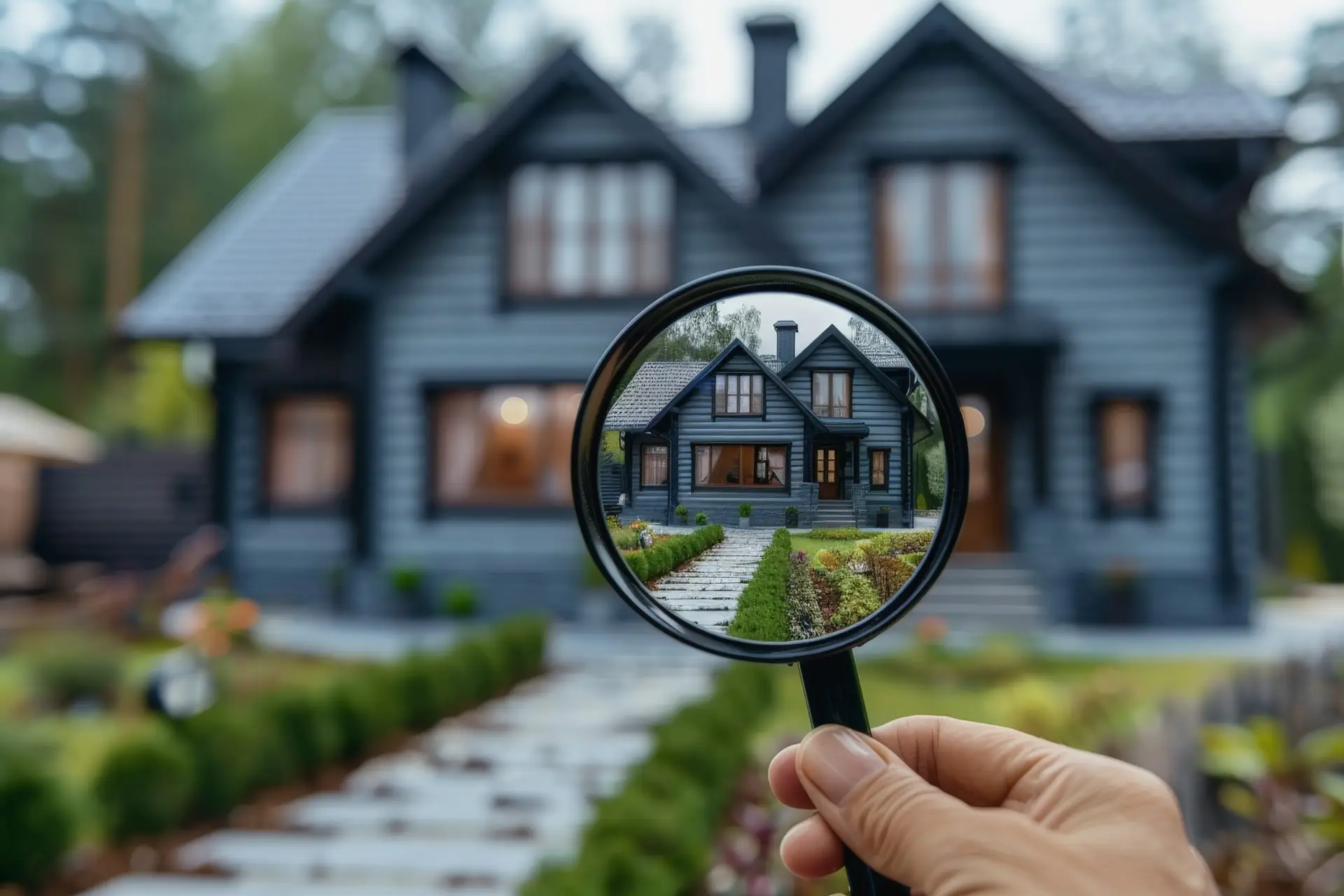 A hand holds a magnifying glass in front of a modern dark gray house, highlighting the clarity and detail offered by Home Inspections in Frisco, with a garden path and greenery leading to the entrance.