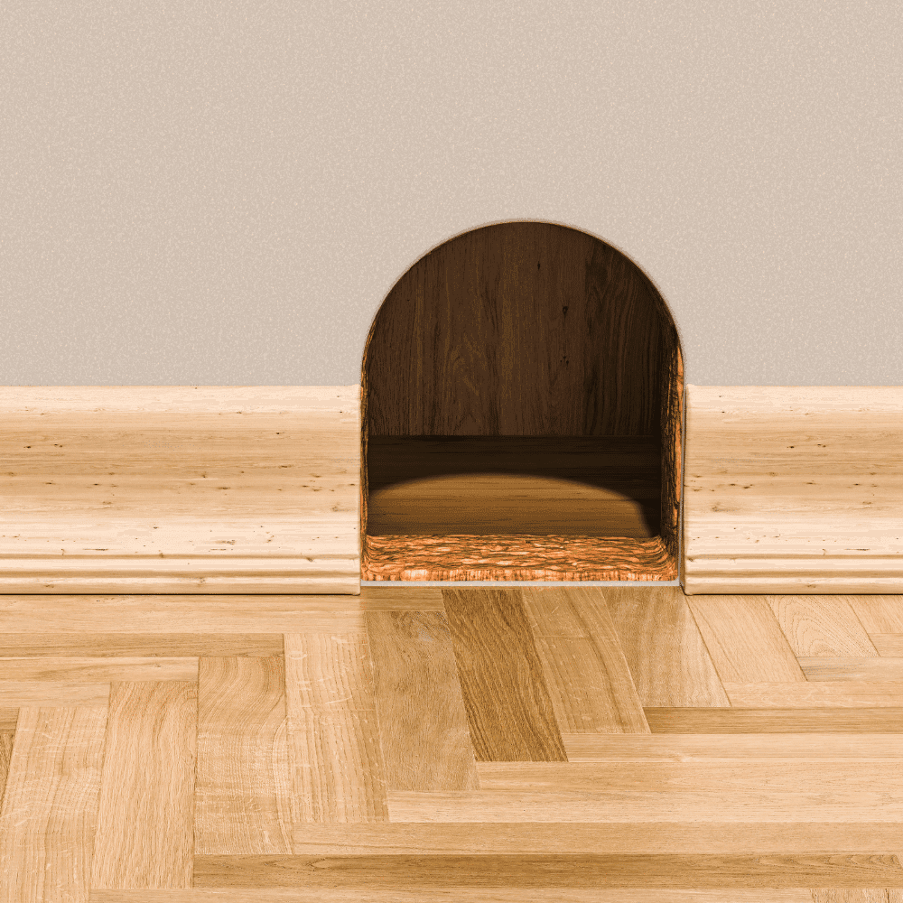 A small, arched mouse hole is set into a beige wall with wooden trim above a light wood parquet floor. The empty wooden-lined hole suggests the need for rodent control near me.