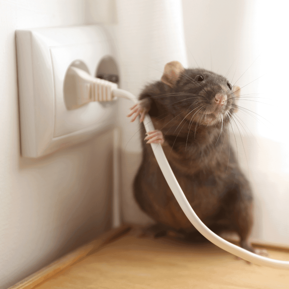 A brown rat stands on a wooden surface near a white wall socket, gripping an electrical cord with its front paws—a reminder to search for rodent exterminators near me.