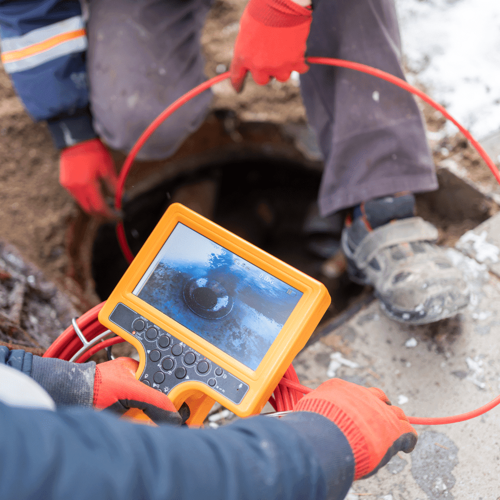 Two people wearing red gloves inspect a pipe using an orange handheld device for sewer camera inspections, displaying the pipe’s interior on its screen. Dirt and equipment surround the inspection area.
