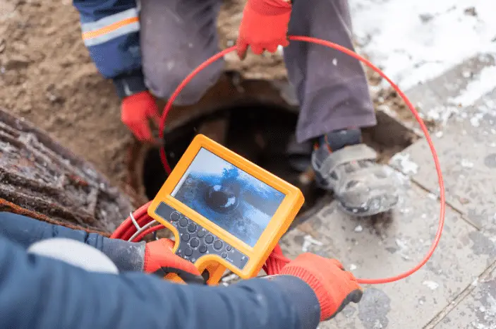 Two workers with red gloves use a sewer inspection camera to examine the inside of an underground pipe. The display shows the pipe’s interior as one worker operates the device and the other stands by the opening, demonstrating sewer camera inspection services.