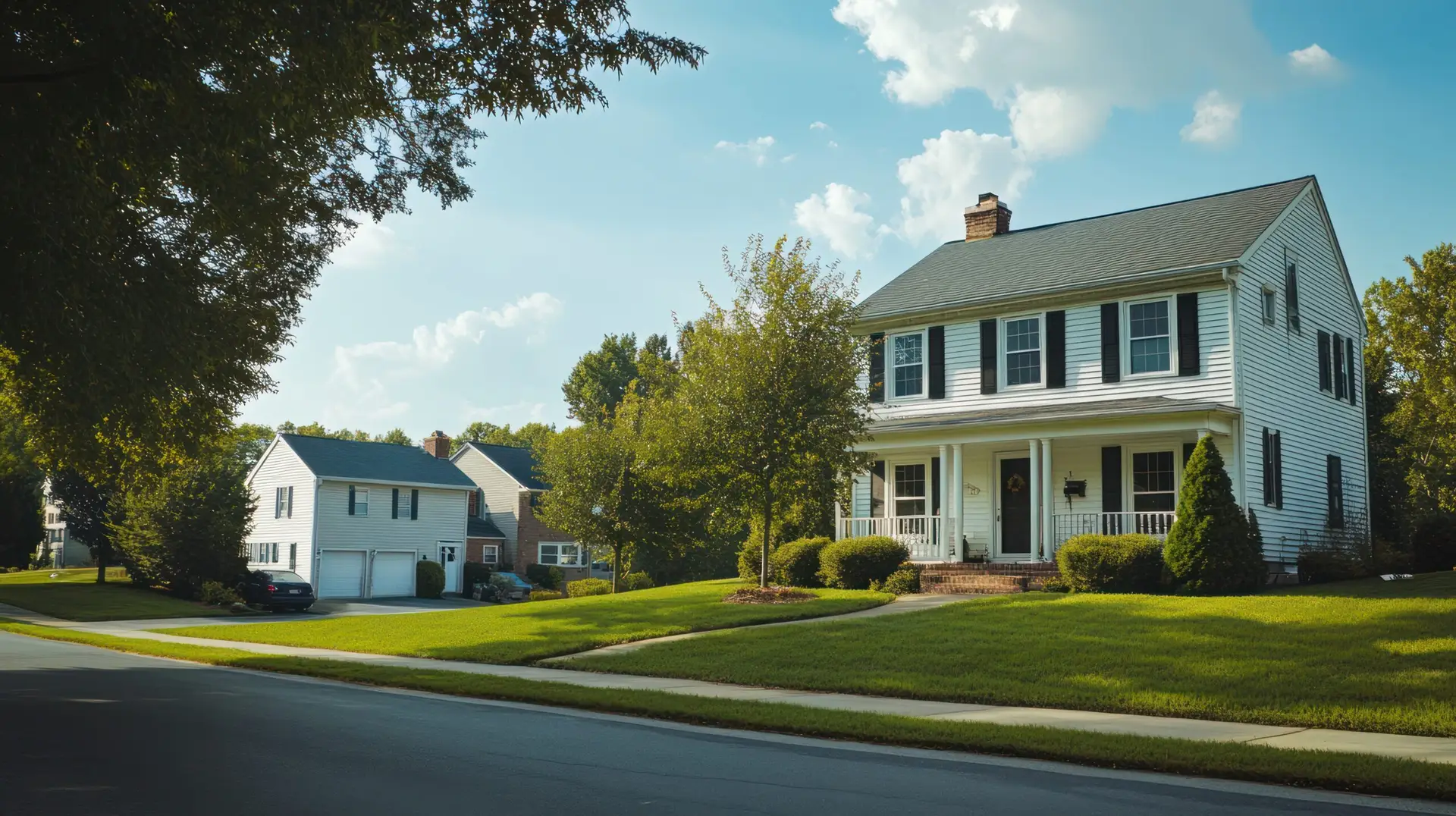 Two white, two-story suburban houses with dark roofs sit on well-manicured lawns under a blue Texas sky. Trees and bushes surround the homes, and a driveway leads to a garage on the left—ideal for a home inspection in Texas Real Estate.