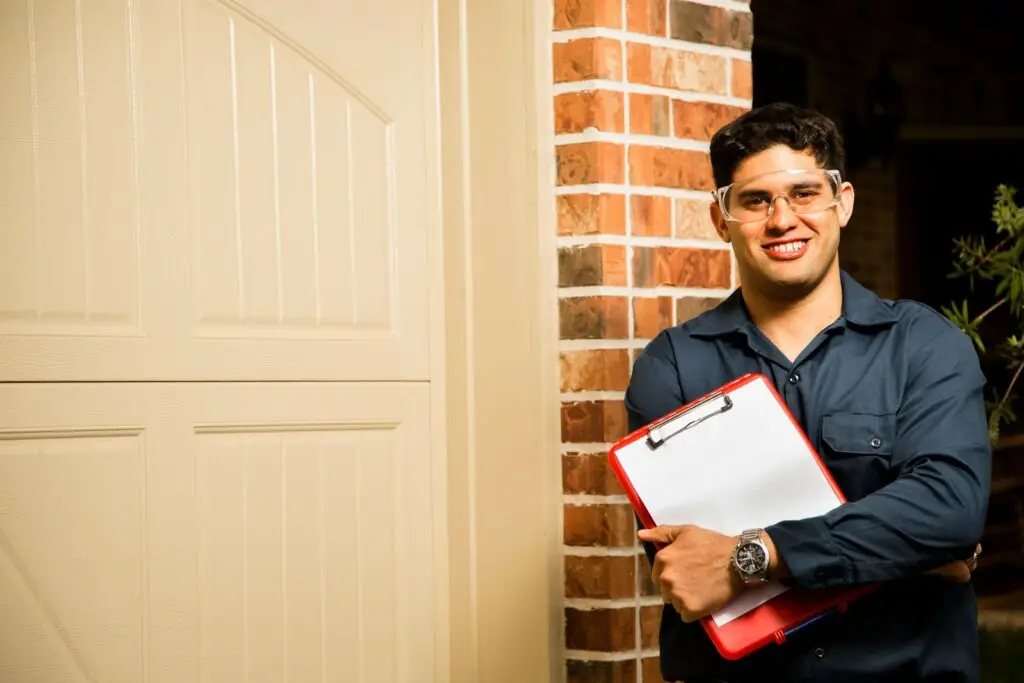 A smiling man wearing safety glasses and a dark blue shirt stands by a brick wall and beige garage door, holding a red clipboard in his arms, ready to assist with TREC credit hours inquiries.