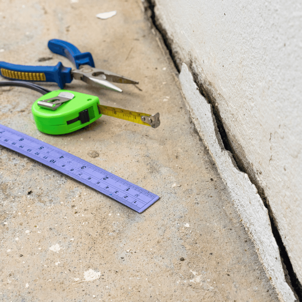 A crack runs along the base of a white wall on a concrete floor, with a zip level, tape measure, and pliers lying nearby, suggesting inspection or repair work.