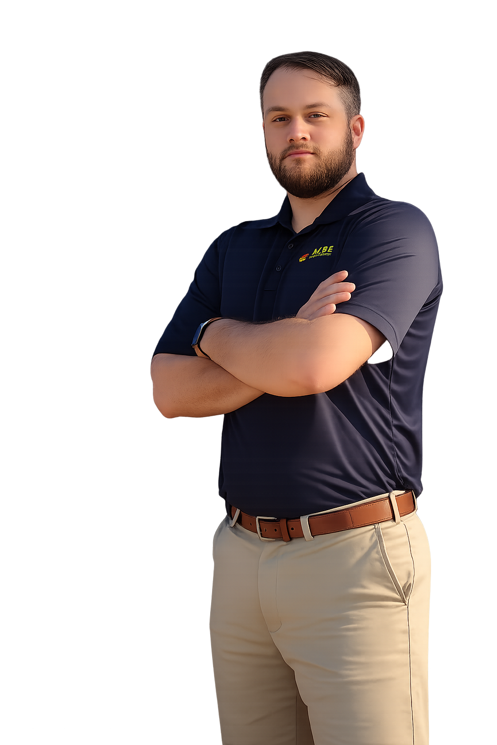 A bearded man stands with arms crossed, dressed in a navy polo shirt and khaki pants with a brown belt, looking confidently at the camera against a plain white setting.