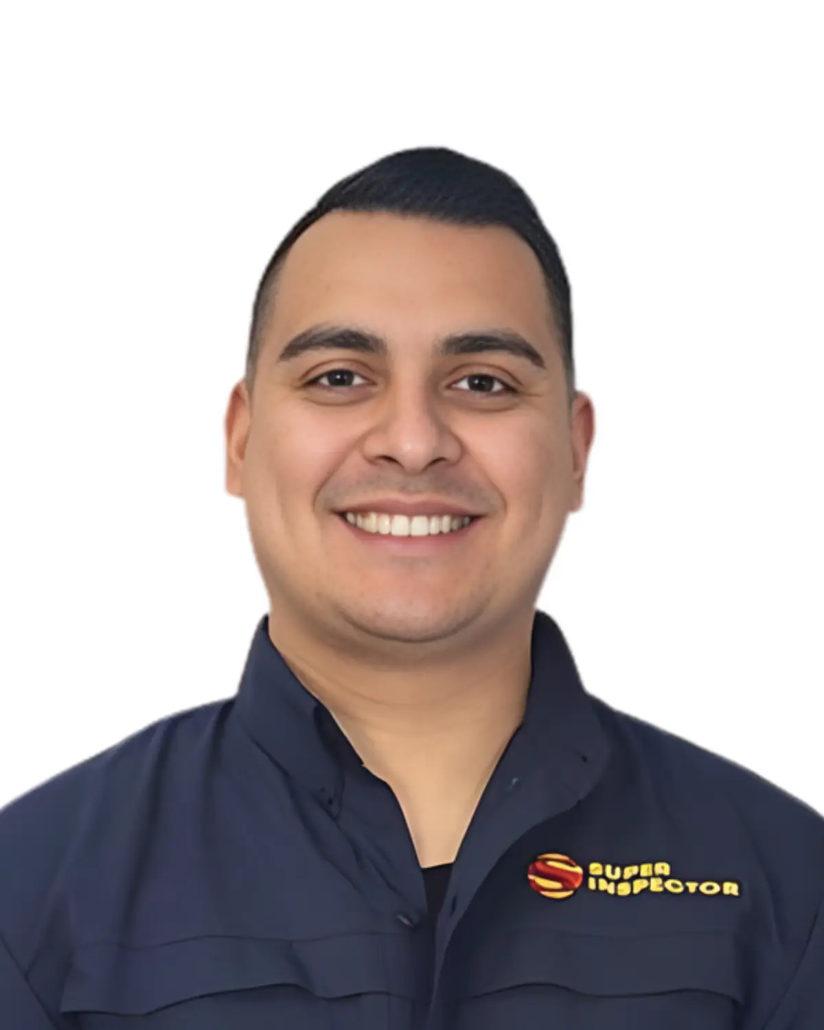 A man with short dark hair smiles at the camera, wearing a navy blue shirt with a Super Inspector logo on it, standing against a plain white background.